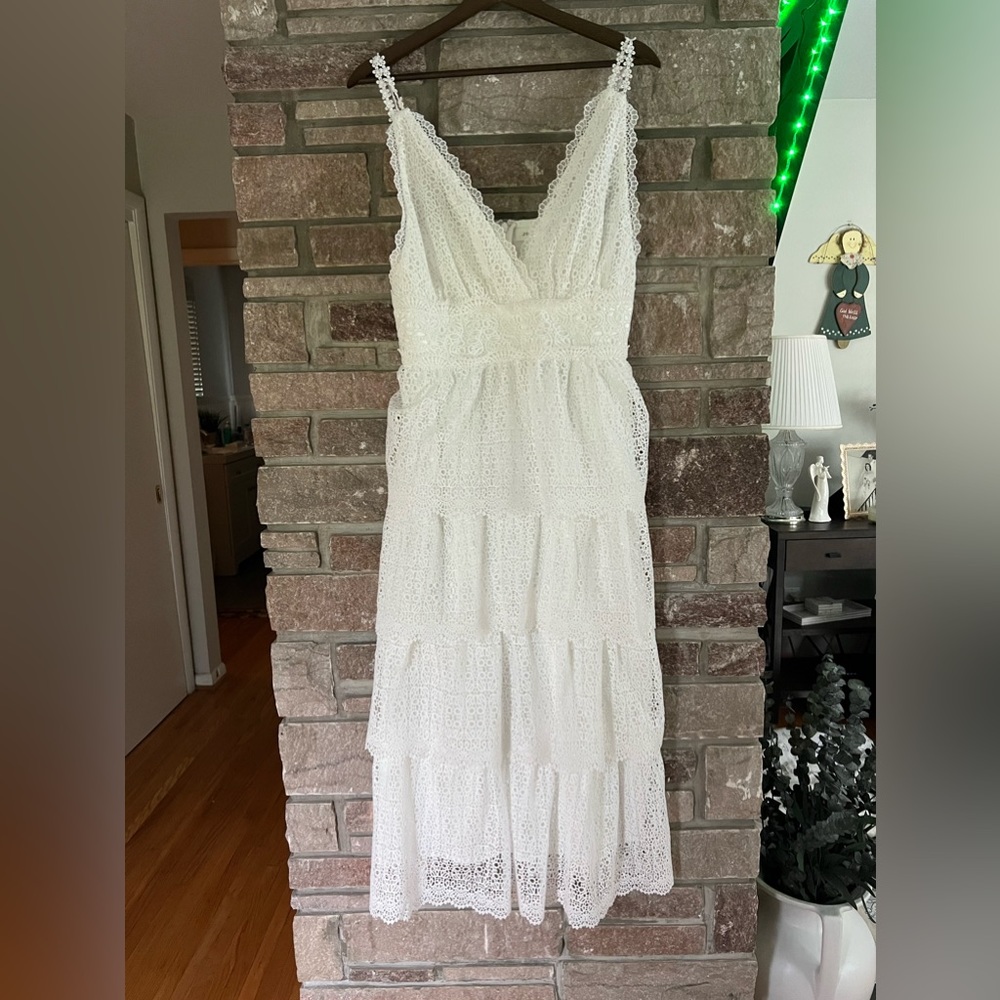 Red Dress White Lace Tiered Midi Dress